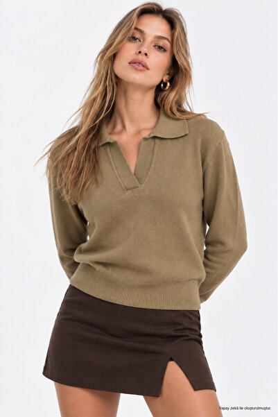 WILD BEE Women's Camel Polo Neck Long Sleeve Knitwear Blouse