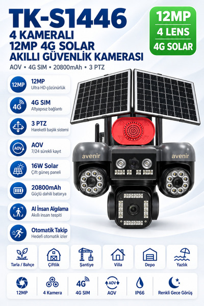 AVENİR TK-S1446 12MP 4 Kameralı 3 PTZ 4G Solar AOV Sürekli Kayıtlı Güvenlik K...