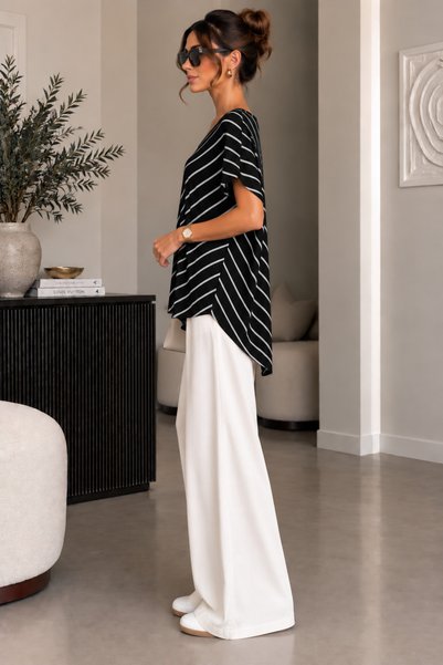 THIRTEEN SELECT Women's Striped V-Neck Loose Blouse Asymmetrical Cut Short Sleeve