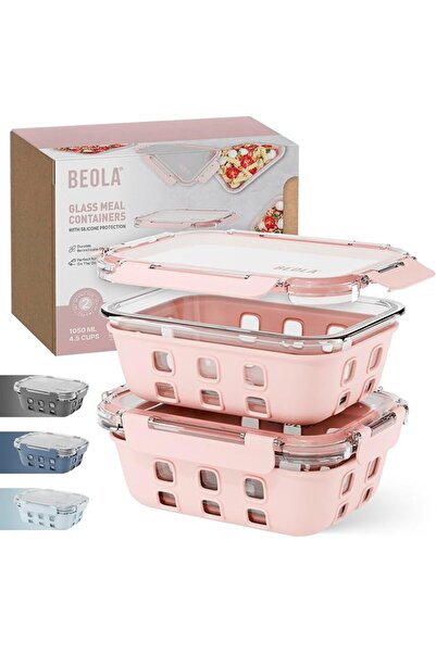 BEOLA Set of 2 Glass Food Storage Containers, Lunch Box, with Airtight Lids a...