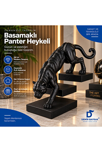 Demir Bayrak Basamaklı Panter Heykeli – Siyah PLA Dekoratif Biblo
