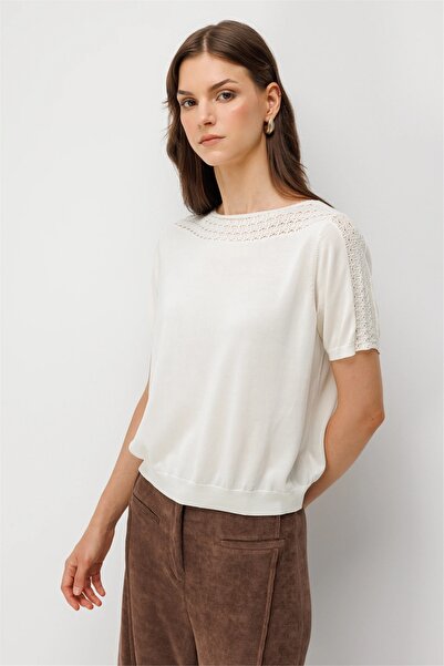 on Women's Lace Detailed Short Sleeve Blouse Ecru