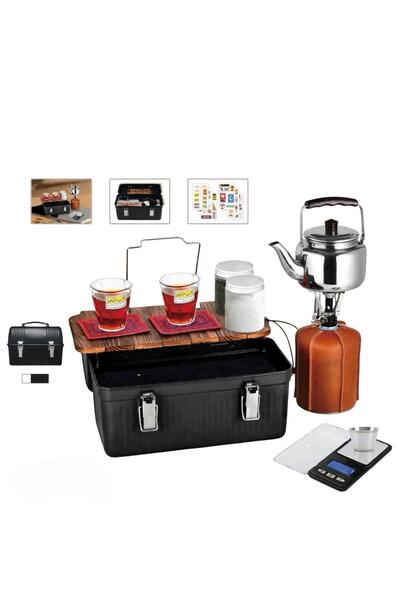 Tradeo Portable Camping Tea Set with Kettle, Tea Glasses, Storage Box and Tra...
