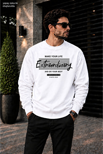 caddekombin Men's Extraordinary Typographic and Striped Typography Printed Cr...