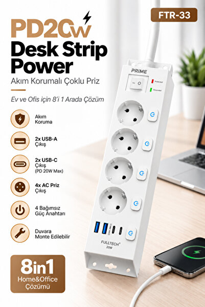 Fulltech FTR-33 Akım Korumalı 4’lü Çoklu Priz – 3680W 16A, 1050J, 2 USB-C PD ...