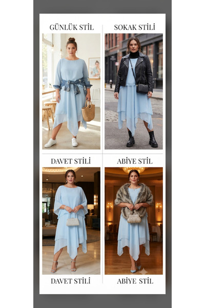Butik Büyük Beden Şifon Bluz ve Asimetrik Etek İkili Takım (Astarsız - Çok Re...