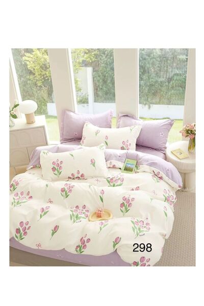 OEM Set lenjerie de pat, 6 piese, cearsaf clasic, finet, model lalele, 2 fete, crem+mov, 230x250 cm
