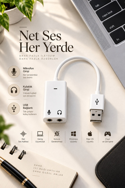 PEMBERTON USB Harici Ses Kartı 3.5 mm Mikrofon ve Kulaklık Girişli Ses Adaptö...