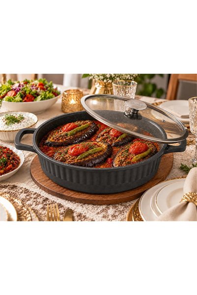 OMS Biogranit Ağır Döküm 26x7,5 Cm - 3,40 Litre Basık Tencere ( 3634 - Antrasit Gri )