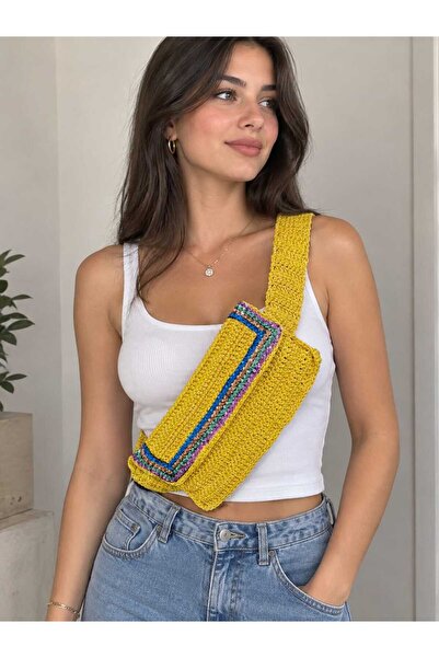 Gönülden Tasarım 29X16 cm Hand Knitted Crossbody Women's Bag Yellow