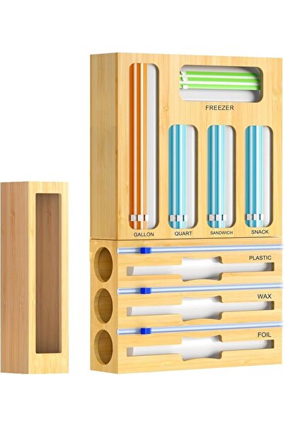 Tazweeq Plastic Wrap Dispenser, 9 in 1 Wood Storage Bag Organizer, Foil and P...