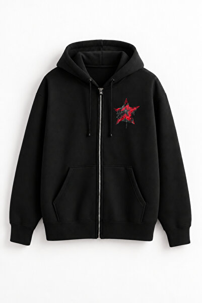 DENOKMODA Star Printed Printed Sleeve Detail Unisex Zippered Cardigan