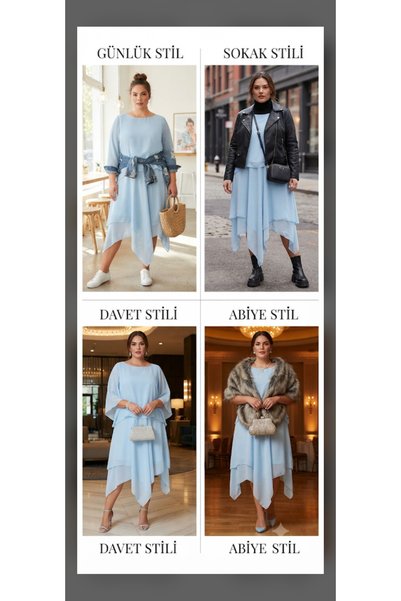 Butik Büyük Beden Şifon Bluz ve Asimetrik Etek İkili Takım (Astarsız - Çok Re...