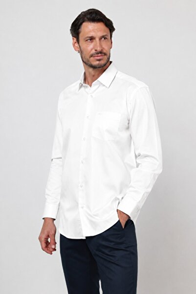 İmza White Hard Collar Long Sleeve Pocketed Satin Comfort Fit 100% Cotton Shi...