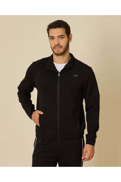 REDTAG Men Black Plain Zip Up Hoodie