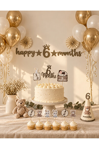 6 Ay Doğum Günü Süsleme Seti Kahverengi Gold Beyaz Happy 6 Months Balon Pasta Süsü Konsepti