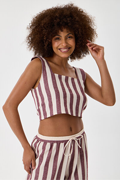 BeYou Kadın Bordo Çizgili %100 Pamuk Buldan Bezi Sırtı Bağlamalı Crop Atlet Top