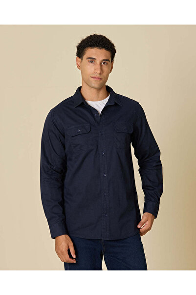 REDTAG Men Navy Plain Twill Shirt with 2 Flap Pockets
