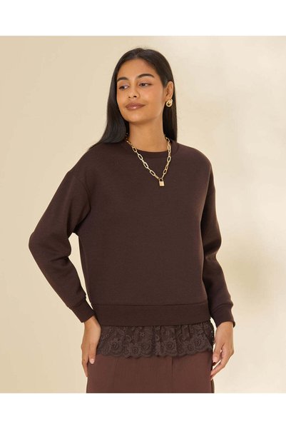 REDTAG Women Brown Lace-Hem Sweatshirt