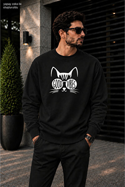 caddekombin Men's Printed Crew Neck Casual Regular Fit Sweatshirt with Cat Il...