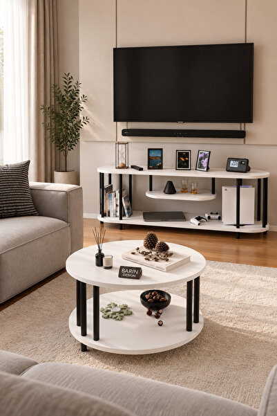 BARIN DESIGN Salon Oturma Odası Takımı Metal Ayaklı Tv Ünitesi Orta Sehpa Ava...