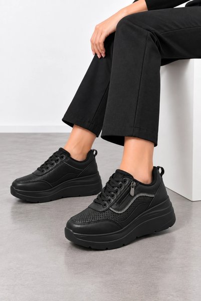 HT HOTİN Beny Women's Zipper Detailed Wedge Sole Casual Shoes - Black