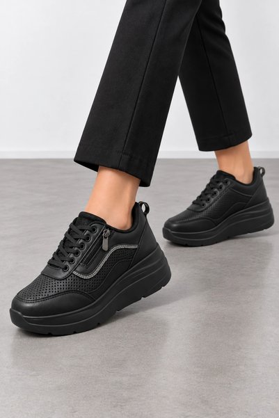 HT HOTİN Beny Women's Zipper Detailed Wedge Sole Casual Shoes - Black