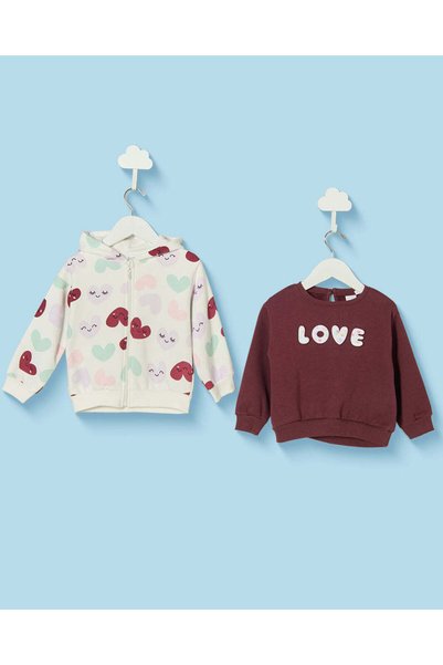 REDTAG Infant Girls Ivory And Burgundy Printed Sweatshirts Pack Of 2