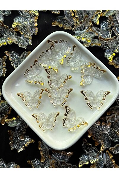 Bijumix Aksesuar 20 Adet 21 mm Şeffaf Gold Detaylı Kelebek Boncuk – 3D Akrili...