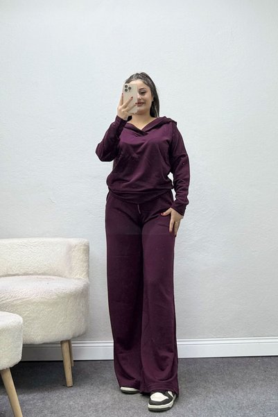 BELENDİR بدلة نسائية بقلنسوة وياقة مزدوجة اللون باللون البرقوقي