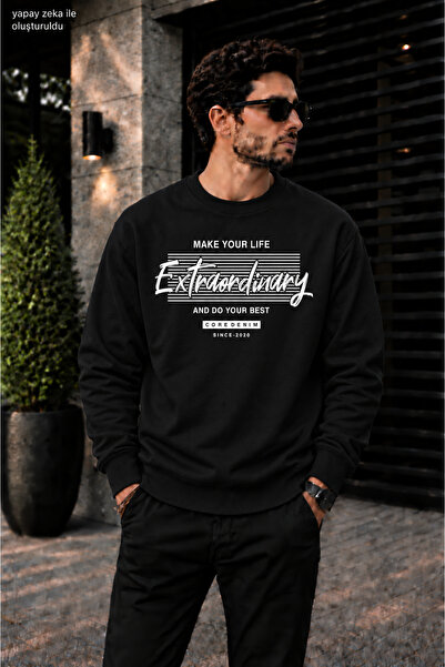 caddekombin Men's Extraordinary Typographic and Striped Typography Printed Cr...