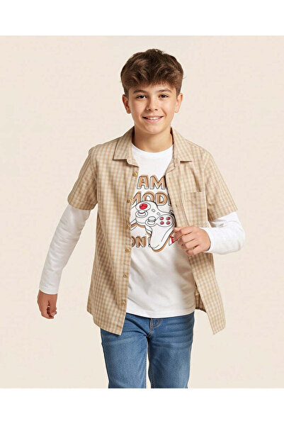 REDTAG Senior Boys Beige Checked Shirt