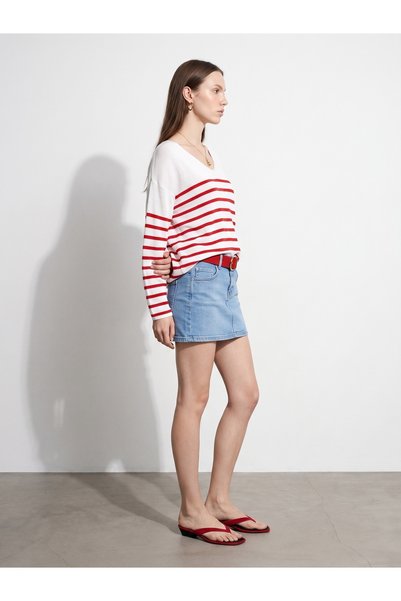 Dilvin V-Neck Striped Flowy Mercerized Sweater