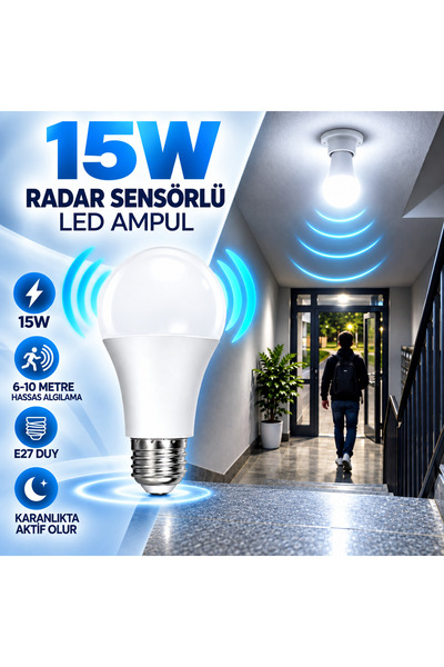 kialed 15W Radar Sensörlü LED Ampul E27 Duy Beyaz Işık Hareket Sensörlü Otoma...