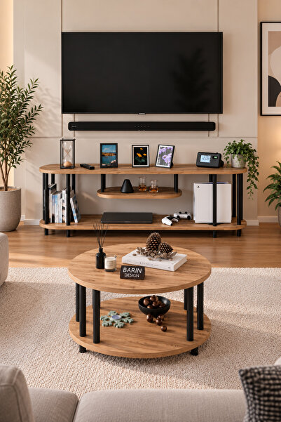 BARIN DESIGN Salon Oturma Odası Takımı Metal Ayaklı Tv Ünitesi Orta Sehpa Ava...