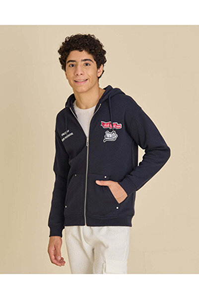REDTAG Senior Boys Blue Hooded Full Zip-Through Sweatshirt