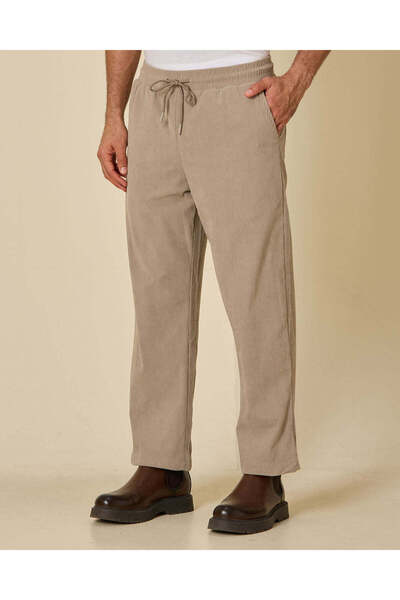 REDTAG Men Beige Plain Corduroy Track Pants