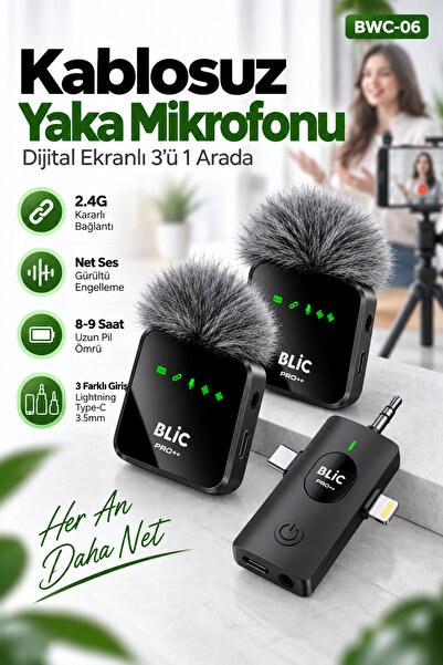 Blic Pro++ BWC-06 3'ü 1 Arada 2.4G Kablosuz Çift Yaka Mikrofonu – Dijital Ekr...