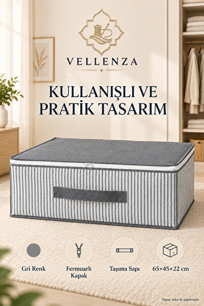Vellenza 4'lü Gri Baza Altı Hurç 65x45x22 cm Fermuarlı Saplı Yorgan Battaniye...