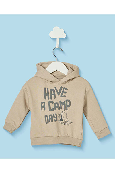 REDTAG Infant Boys Beige Printed Hooded Sweatshirt