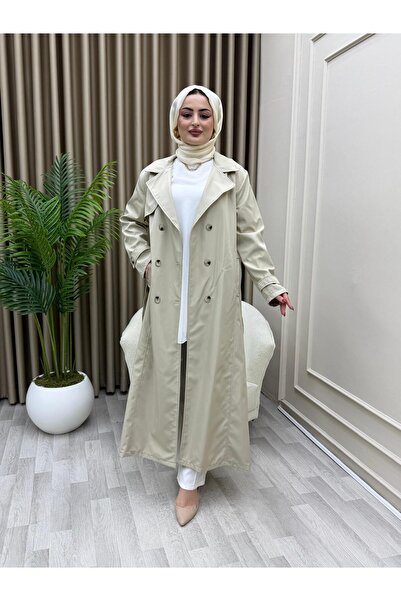 azeldembutik Kadın Düğmeli Kuşaklı Tam Boy Astarlı Trençkot