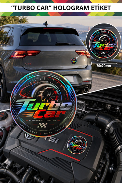 Turbo Car Hologramlı Oto Sticker Suya Güneşe Dayanıklı Araba Motor Laptop Etiketi 7x7 cm