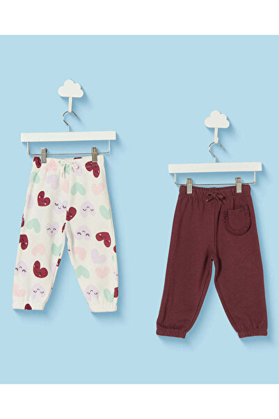 REDTAG Infant Girls Ivory And Burgundy Active Pants Pack Of 2