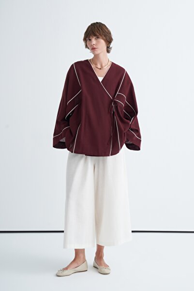 EBU Prive Kadın Kontrast Kimono Pantolon Takım Bordo