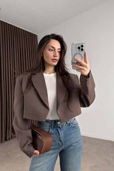 Büşra Doğramacı Premium Kısa Blazer Kahve Ceket