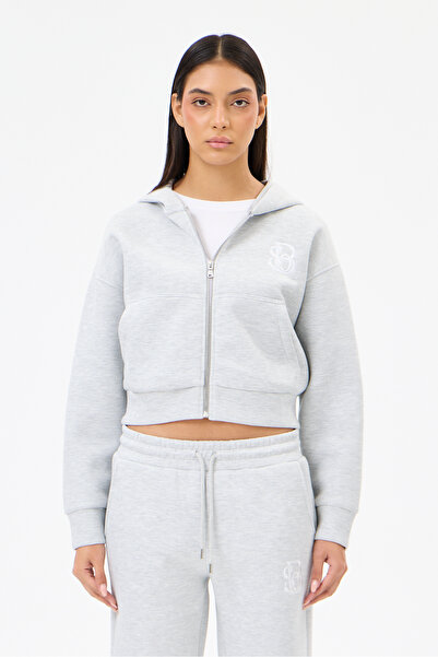 Grey Melange Panda Kumaş Kadın Crop Fermuarlı Sweatshirt