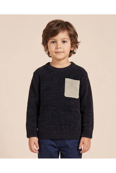 REDTAG Boys Black Plain Chenille Jumper