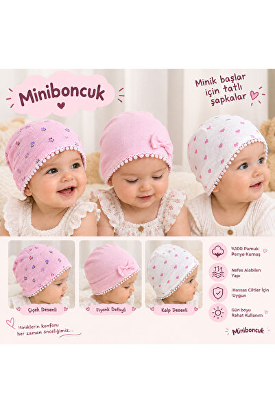 miniboncuk طقم قبعات قطنية ممشطة للأطفال مكون من 3 قطع - فيونكة على شكل قلب مزهر