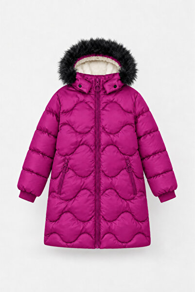 EA LİNE Girl's Hooded Fur-Lined Long Quilted Winter Puffer Coat - Cherry