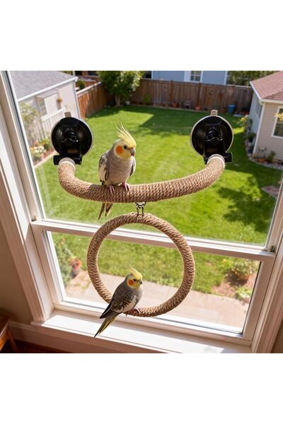 XICEN Natural Flax Bird Perch Stand, Strong Suction Cups Bird Window Perch | ...